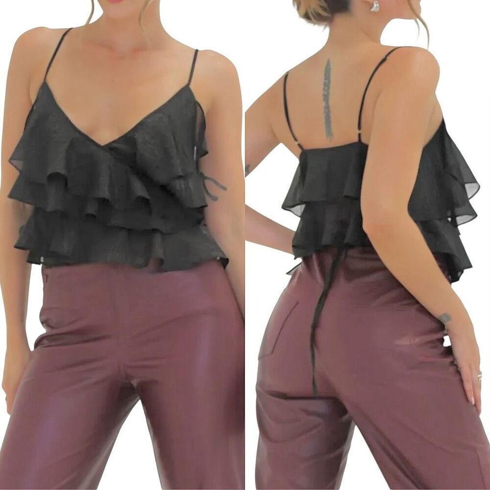 Rumored Tango Top Tiered Ruffles Shimmer Feminine Sheer MEDIUM Boho Feminine